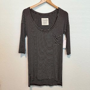 NEW Free People Brown/White Striped 3/4 Sleeve Scoop-neck Tee